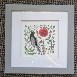 Framed Bird & Floral Art Print in Gray Frame